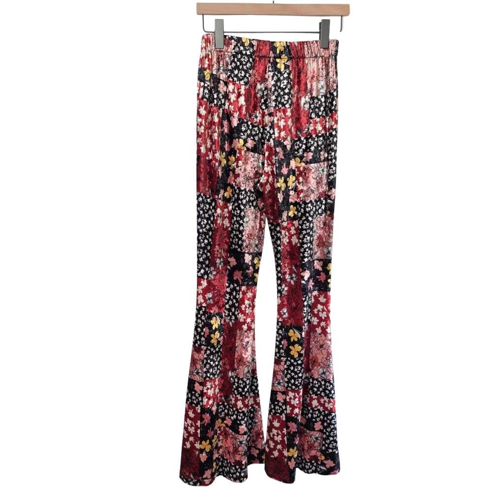 Free the Roses Flare Velvet Pants Patchwork Floral | Size Small | High Rise